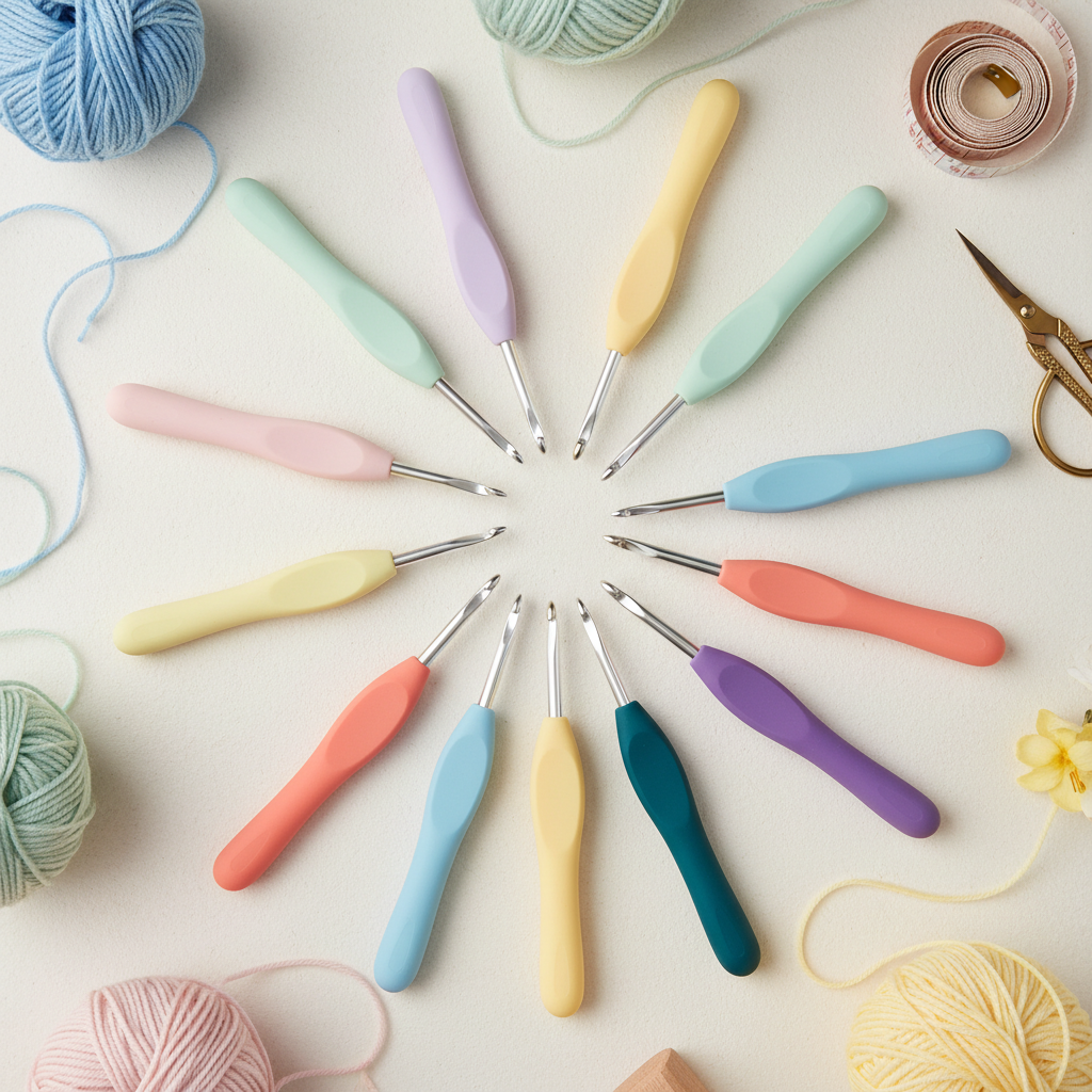 Soft grip crochet hook set fan arrangement with pastel yarn