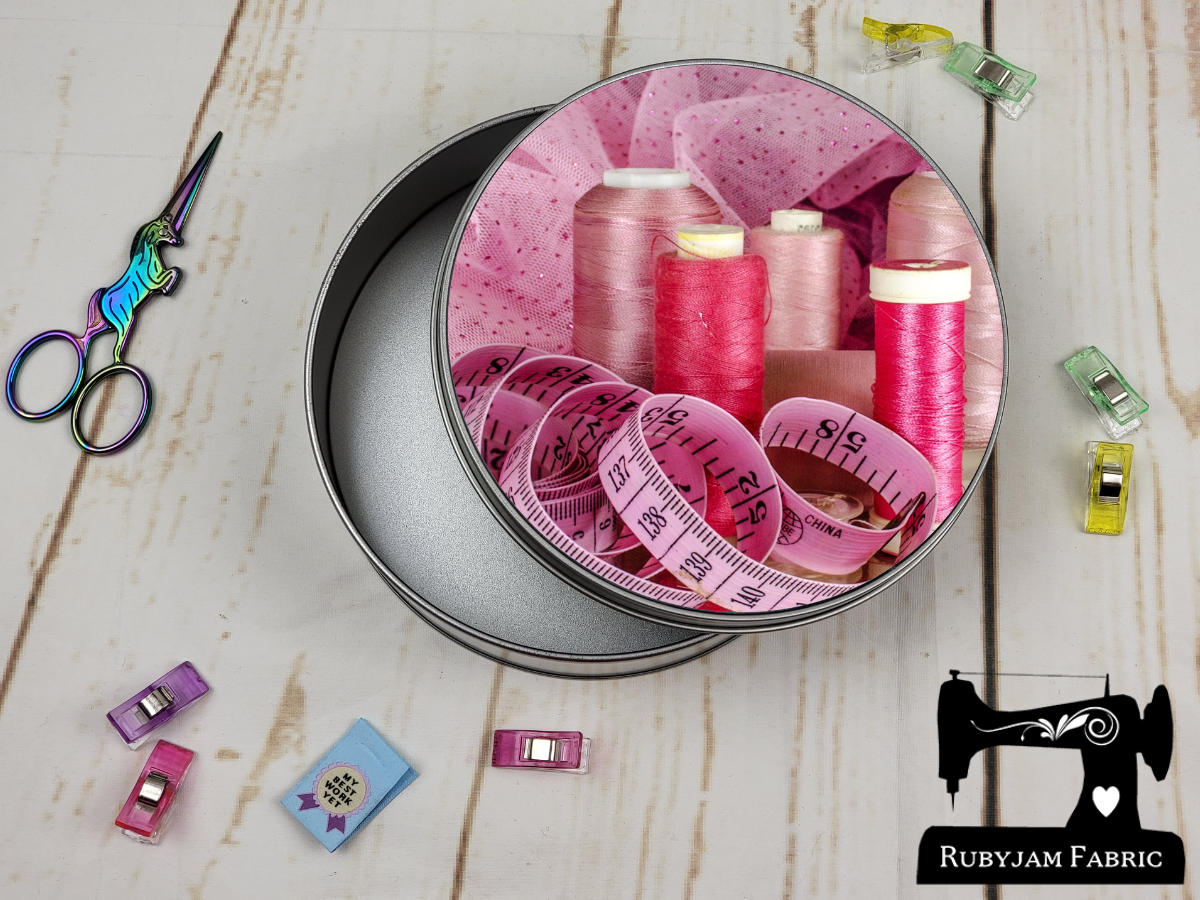 Pink Sewing Threads - Round Metal Storage Tin, 15cm x 5cm