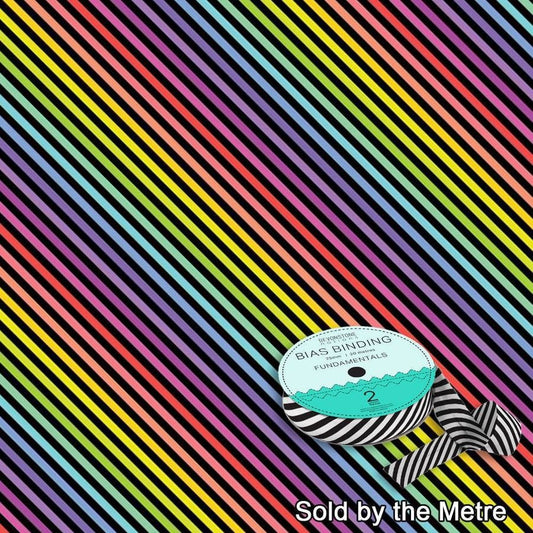 Bias Binding 25mm/1 Inch Stripe Black Rainbow Sold by the Metre by Devonstone