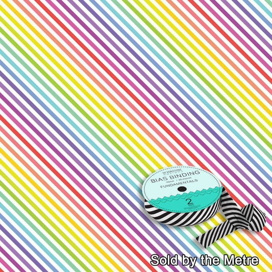 Bias Binding 25mm/1 Inch Stripe White Rainbow Sold by the Metre by Devonstone