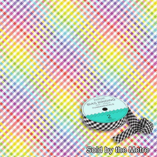 Bias Binding 25mm/1 Inch Check White Rainbow sold by metre