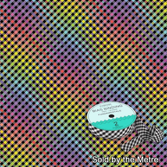 Bias Binding 25mm/1 Inch Check Black Rainbow Sold by the Metre by Devonstone