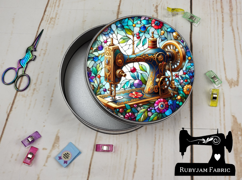 Sewing Machine - Round Metal Storage Tin, 15cm x 5cm
