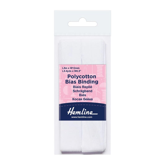 HEMLINE HANGSELL BIAS BINDING 12MM X 5M WHITE