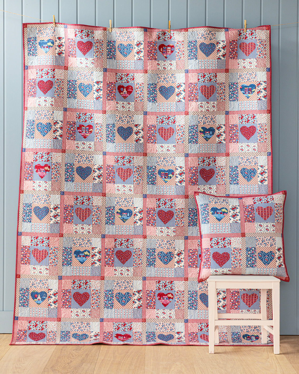 Tilda Village Life Heart of the Village Quilt - Blue/Burgundy