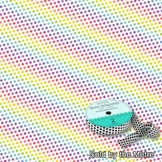 Bias Binding 25mm/1 Inch Dot White Rainbow Sold by the Metre by Devonstone