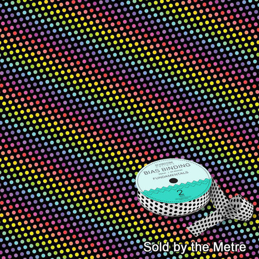 Bias Binding 25mm/1 Inch Dot Black Rainbow Sold by the Metre by Devonstone