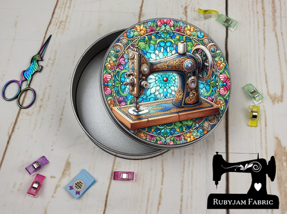 Sewing Machine - Round Metal Storage Tin, 15cm x 5cm