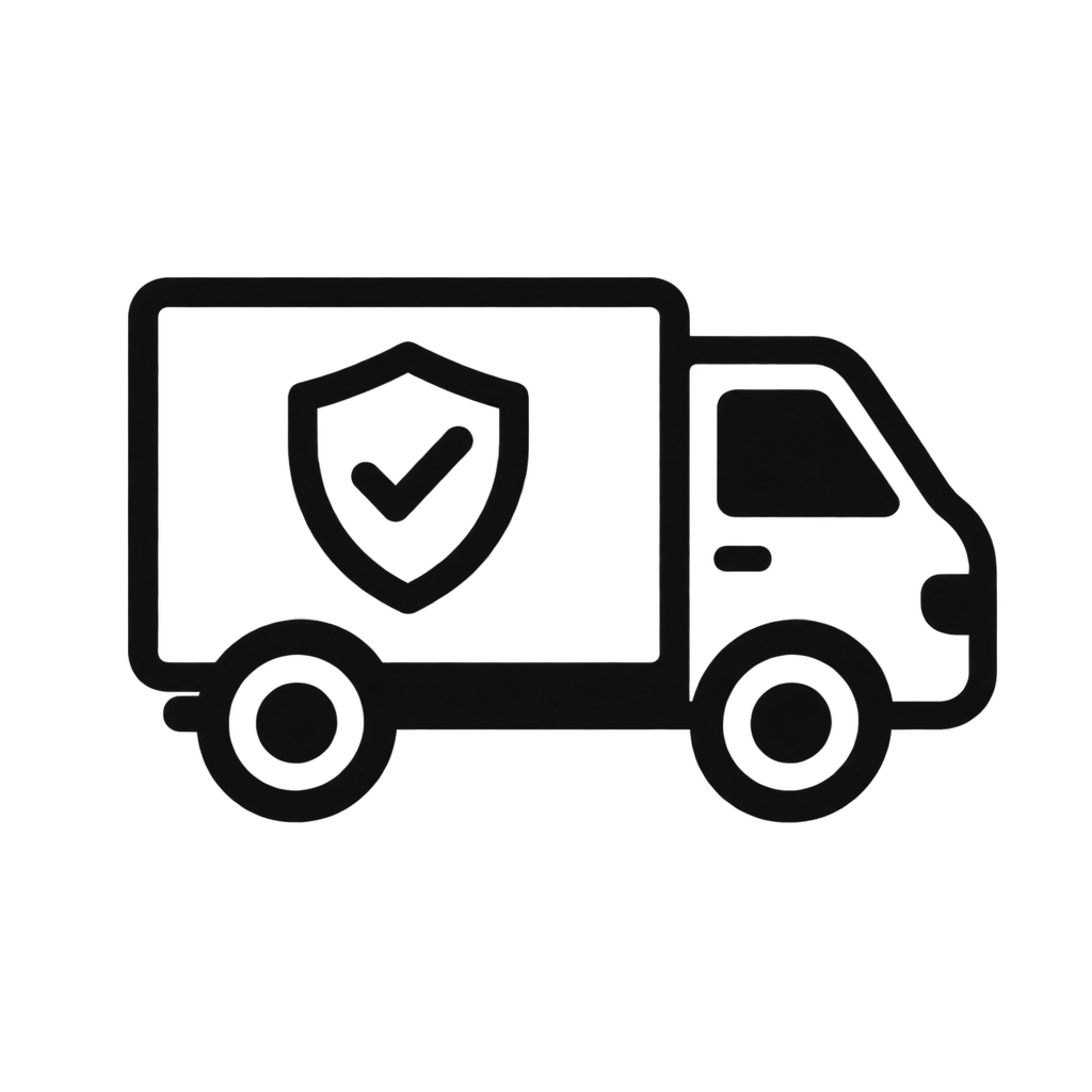 Black-and-white shipping protection delivery truck