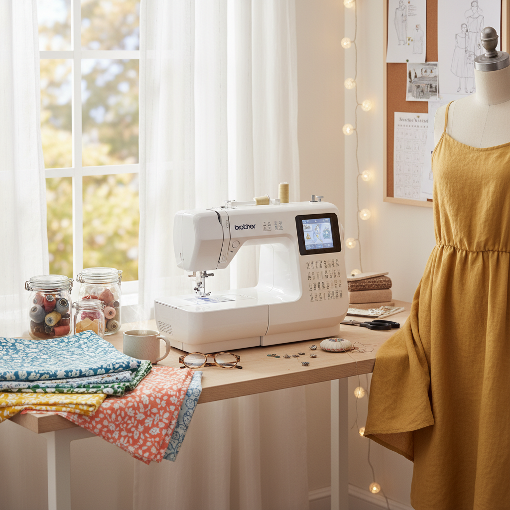 Brother Innov-is A80 sewing machine on a bright craft desk with fabric and thread