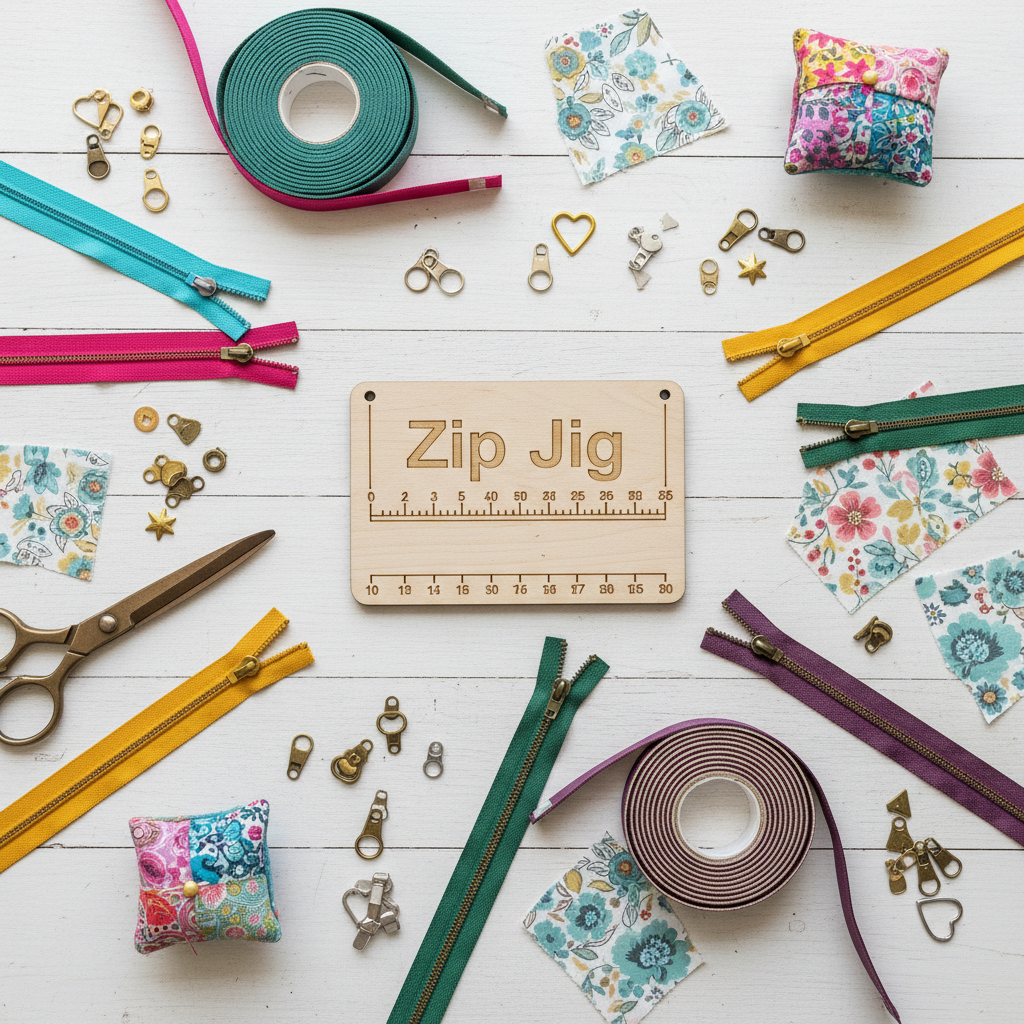 Zip Jig lifestyle flat lay with zipper tape and pulls