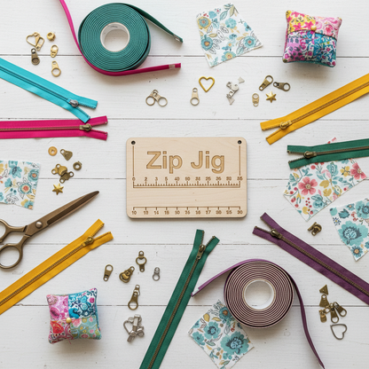 Zip Jig lifestyle flat lay with zipper tape and pulls